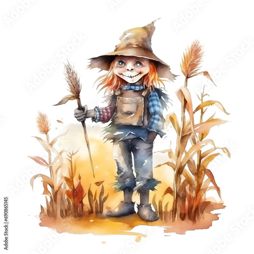 Cute cartoon watercolor halloween scarecrow on a transparent background