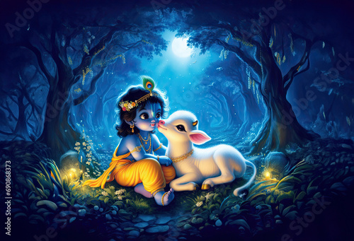 illustration image of Hindu God Lord Krishna in Vrindavan forest, India Hindu Deity Krishna Illustration Vrindavan Forest Painting