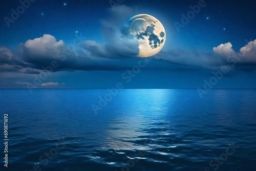 **romantic moon with clouds and stary sky over sparking blue water