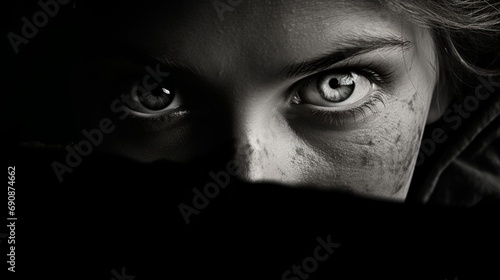 A black and white photo of a girl looking at the camera 