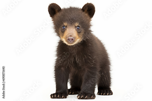 Close up photograph of a full body bear cub isolated on a solid white background