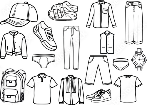 Set of Clothes, fashion Line Icons. jeans, jacket, shoes, shirts, backbag ...., Apparel vector, black sketchy style Illustration Hand drawn collection in various themes.
