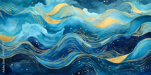 Magical fairytale ocean waves art painting. Unique blue and gold wavy swirls of magic water. Fairytale navy and yellow sea waves. Children’s book waves, kids nursery cartoon illustration by Vita 