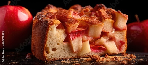Close-up side view of red dough with apple cake chunks.