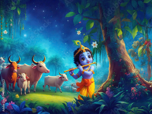 Lord Krishna Childhood in Vrindavan forest, illustration image, India, Hindu Deity Krishna, Illustration Vrindavan Forest Painting