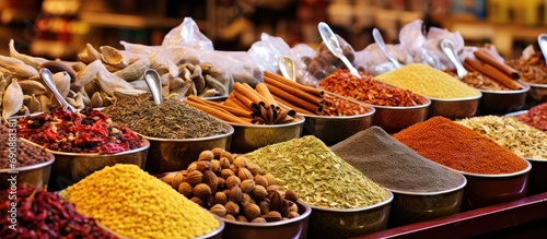 Spices and seasonings showcased at spice market in Istanbul, Turkey.