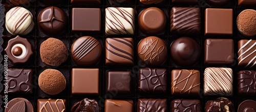 Assorted chocolate pralines seen from above.