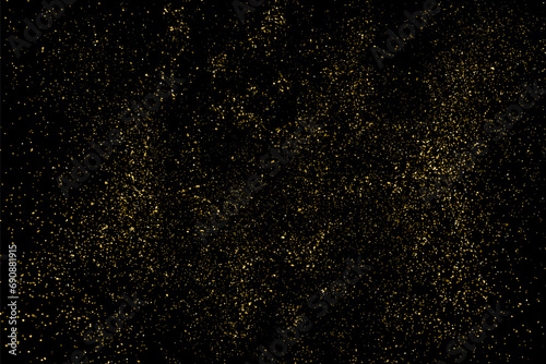 Gold Glitter Texture Isolated on Black Background. Golden light. Yellow Pattern. Realistic Texture Overlay. Vector Illustration. 