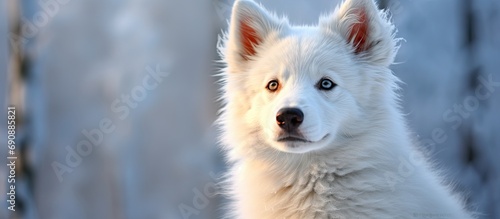 breathtaking winter landscape, a young white dog with a stunning coat stands out against the snowy background, its blue eyes and cute face enhancing the natural beauty of the scene. The dogs portrait