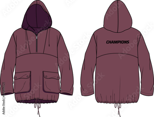 Pull over windbreaker Hoodie jacket design flat sketch Illustration, Hooded utility jacket with front and back view, winter jacket for Men and women. for running, outerwear and workout in winter