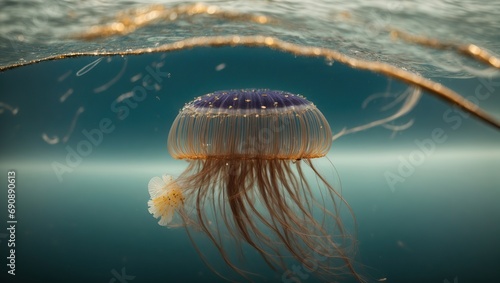  A solitary jellyfish, its body adorned with intricate patterns, glides through the sea with a sense of tranquility and grace