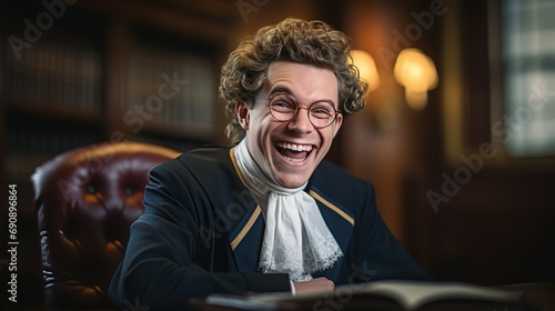 funny look attorney wearing old fashion lawyer outfit sitting in office laughing out loud, not professional, Generative Ai