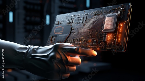 A contemporary, high-tech robot arm holding an advanced supercomputer processor. Industrial Robotic Manipulator End Effector Holding CPU Chip