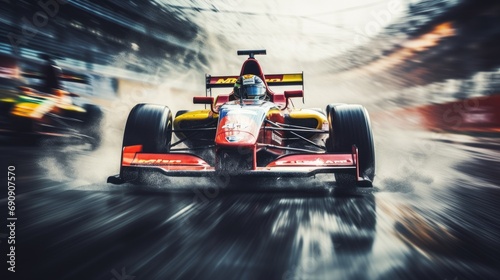 Racing driver passes the finish point and motion blur background. Motion blur background. Blur shows speed of Formula 1