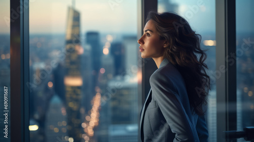 Professional business woman looking through window of her office skyscraper looking at bustling modern city thinking at her work