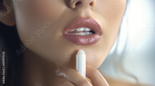 Woman applies moisturizing balm to her nude lips to hydrate and protect them from chapping in cold weather. Hygienic lipstick stick for lips.
