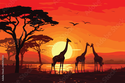 African sunset landscape with safari animals silhouettes, Silhouettes of wild African giraffes at sunset, Animals in forest, Vector illustration