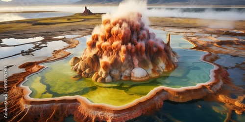 aerial view of geological landscape with geyser