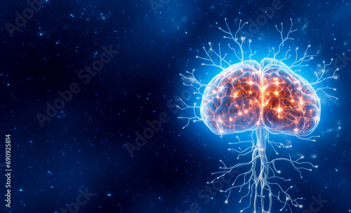 Electrical activity in the human brain on a dark blue background. Brain function concept