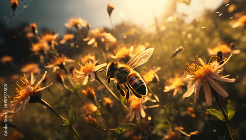Recreation of bee between flowers at sunset. Artificial Intelligence