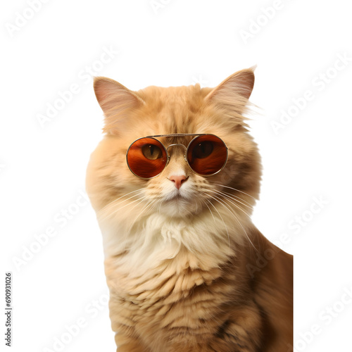 Cat wearing sunglasses isolated on white background, transparent cutout