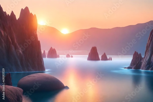 3d render futuristic landscape with cliffs and water modern minimal abstract background. spiritual zen wallpaper with sunset or sunrise light