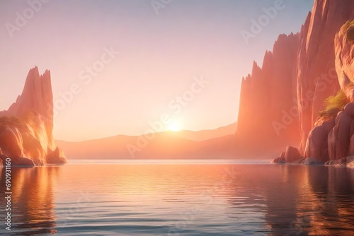 **3d render futuristic landscape with cliffs and water modern minimal abstract background. spiritual zen wallpaper with sunset or sunrise light