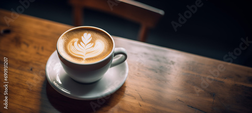 Web banner of coffee cappuccino with latte art on table in coffee shop