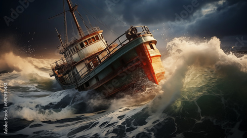 Dramatic photo of a small vintage Fishing trawler through the waves in a storm on a raging ocean