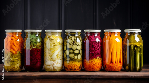 Row of glass jars with canned fermented vegetables.