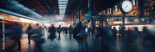 Commuters in motion at busy train station