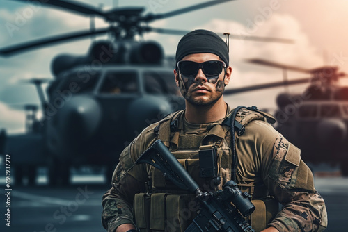 US Army Marine in full uniform and tactical equipment on the deck of a warship, an aircraft carrier. Military helicopter in the background. 