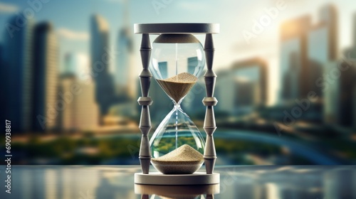 Close up hourglass on table with big city background, time and business concept,