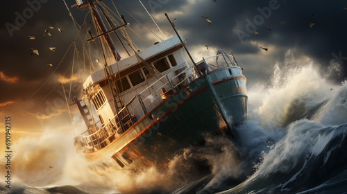 Dramatic photo of a small vintage Fishing trawler through the waves in a storm on a raging ocean