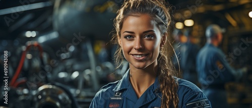 Working on a helicopter in the hangar is a female aero engineer..