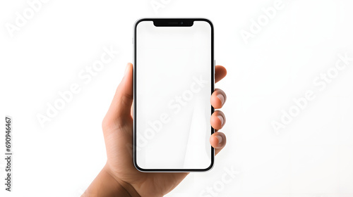 Hand holding mobile cell phone with blank screen for mockup design prototype isolated on a white background