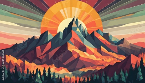 a mountain with a sunset in the background, symmetrical illustration, low polygons illustration.
