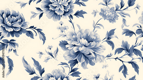 Vintage William Morris style victorian seamless floral pattern, blue and white