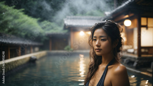 Bellissima donna di origini asiatiche con capelli lunghi in un onsen, bagno termale giapponese, con vapore dell'acqua calda della piscina