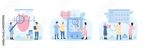 Heart health checkup, cardiology set vector illustration. Cartoon tiny people check heartbeats with cardiogram and stethoscope to research cardiovascular risks, doctors measure blood pressure