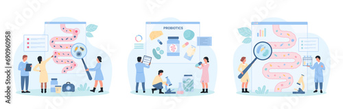 Healthy gut microbiome set vector illustration. Cartoon tiny people with magnifying glass check good and bad bacteria inside human gastrointestinal tract and bowel, advise probiotic and prebiotic food