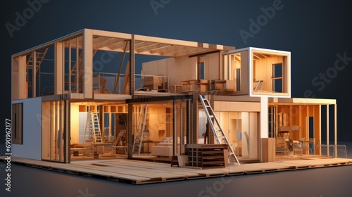 Modular Building Construction: 3D Rendering of Workshop Assembly with Wooden Walls for Industry and Business Montage