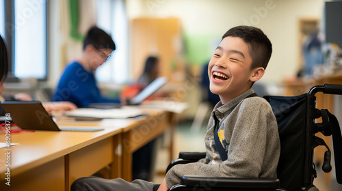 Smiling disabled child on a wheelchair in classroom