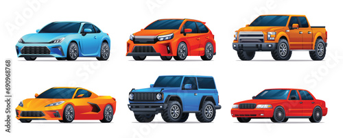 Set of cars in different types. Sedan, hatchback, sports car, pickup, 4x4. Vector illustration