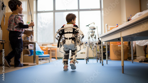 Boy wearing an exoskeleton in a rehabilitation room