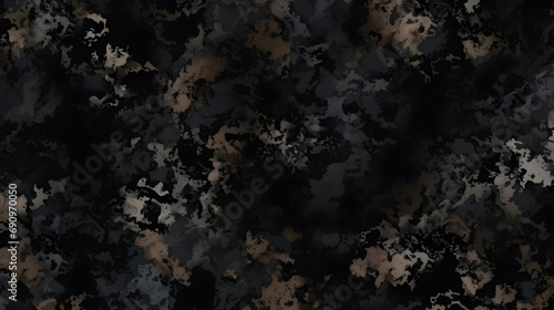 Seamless rough textured military, hunting or paintball camouflage pattern in a dark black and grey night palette. Tileable abstract contemporary classic camo fashion textile surface de. Generative AI.