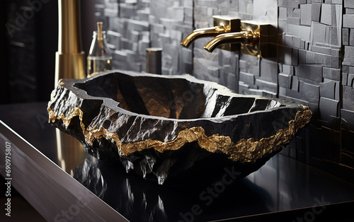 Pia de banheiro com pedras contrastantes, preto e dourado, banheiro de luxo 