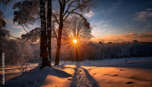夕日と雪景色の木々