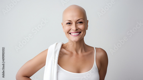 Portrait of a happy hairless bald woman woman girl looking at the camera on a white bright blurred studio background