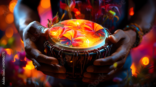 Hands play an African djembe drum